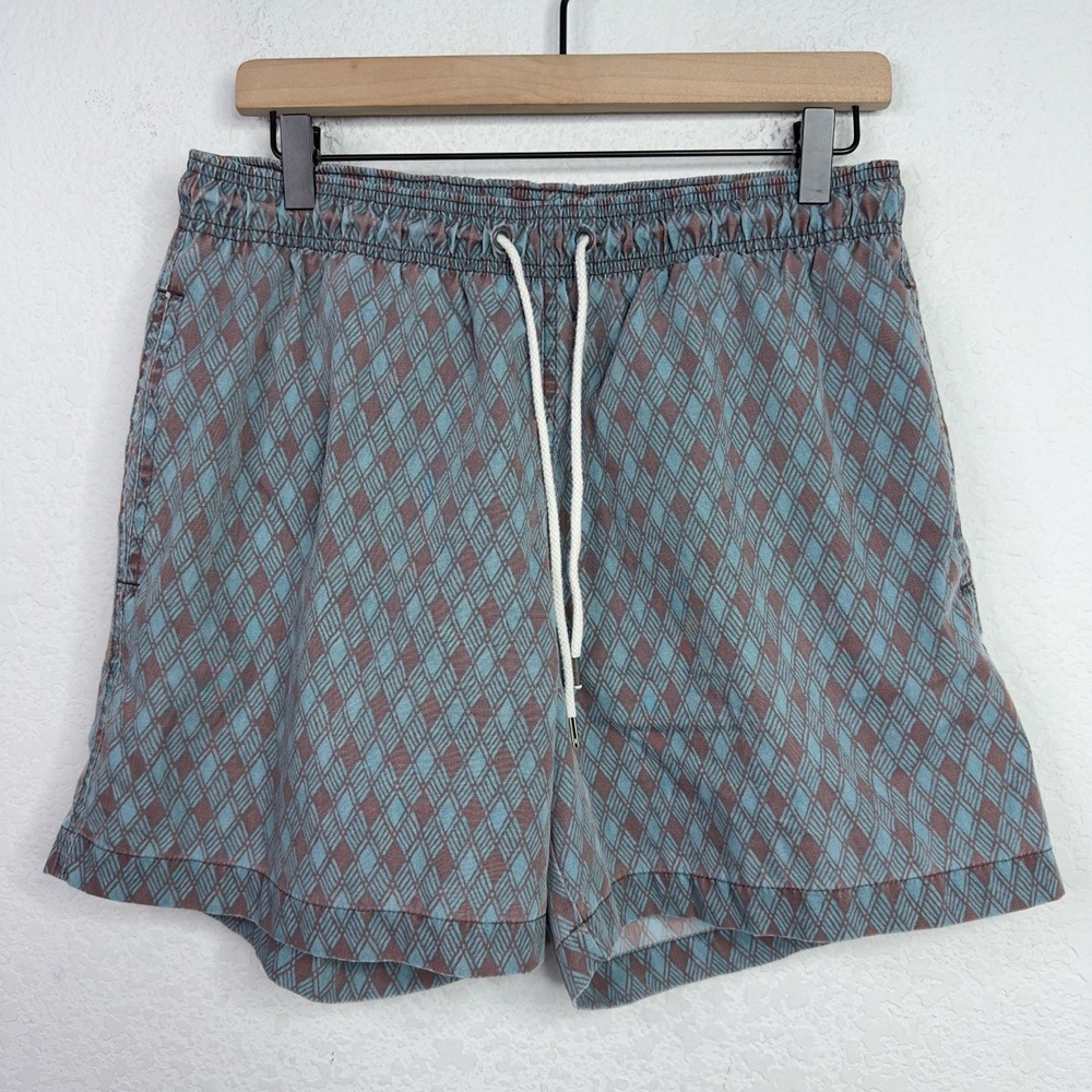Faherty Swim Trunks Mens L Blue Abstract Diamond Pattern Drawstring Beach Shorts